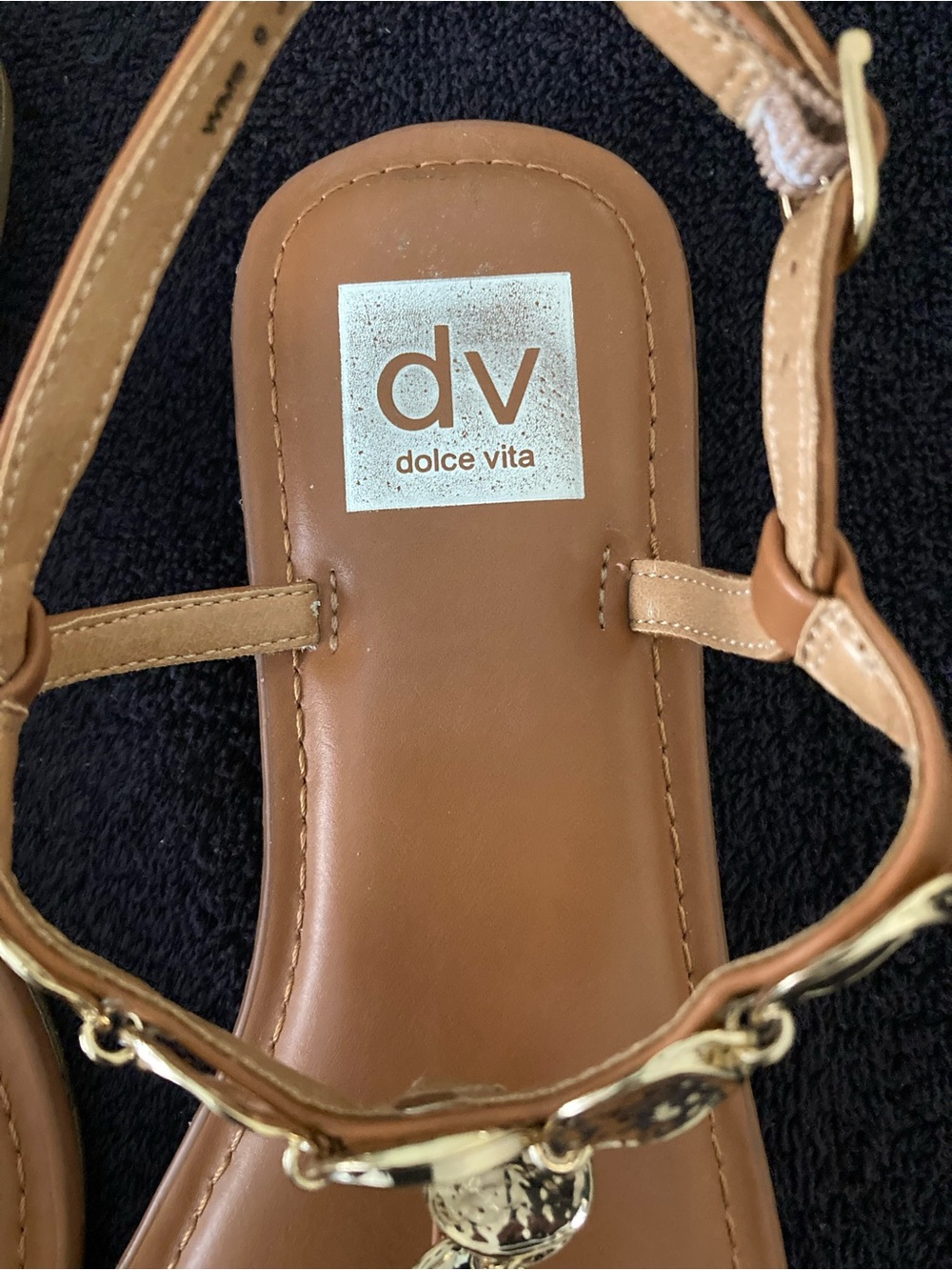 Dolce Vita Tan T-Strap Sandals with Gold Discs - Picture 2 of 5